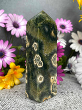 Load image into Gallery viewer, High Quality Sea Green Orbicular Ocean Jasper Crystal Tower Point