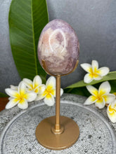 Load image into Gallery viewer, Pink Amethyst Flower Agate Egg Carving Gold Stand