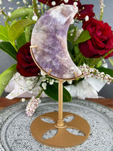 Load image into Gallery viewer, Beautiful High Quality Pink Amethyst Flower Agate Crescent Moon On Gold Stand