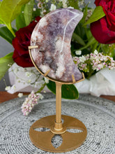 Load image into Gallery viewer, Pink Amethyst Flower Agate Crescent Moon On Gold Stand