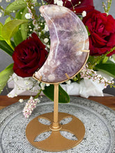 Load image into Gallery viewer, Beautiful High Quality Pink Amethyst Flower Agate Crescent Moon On Gold Stand