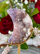 Load image into Gallery viewer, Pink Amethyst Flower Agate Crescent Moon On Gold Stand
