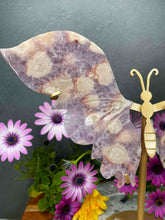 Load image into Gallery viewer, High Quality Pink Amethyst Flower Agate Crystal Butterfly Wings Gold Stand