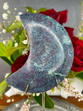 Load image into Gallery viewer, Kyanite Fuchsite Ruby Crescent Moon On Silver Zodiac Stand