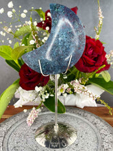 Load image into Gallery viewer, Stunning Kyanite Fuchsite Ruby Crescent Moon On Silver Zodiac Stand