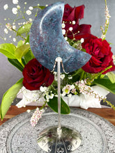 Load image into Gallery viewer, Stunning Kyanite Fuchsite Ruby Crescent Moon On Silver Zodiac Stand