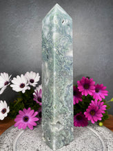 Load image into Gallery viewer, Druzy Blue Moss Agate Crystal Tower Point