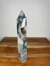 Load image into Gallery viewer, Druzy Blue Moss Agate Tower Point