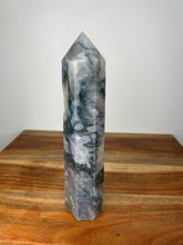 Load image into Gallery viewer, Druzy Blue Moss Agate Tower Point