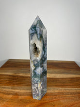 Load image into Gallery viewer, Druzy Blue Moss Agate Tower Point