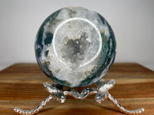 Load image into Gallery viewer, Stunning Green And Blue Moss Agate Sphere With White Quartz Druzy