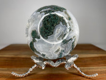Load image into Gallery viewer, Stunning Green And Blue Moss Agate Sphere With White Quartz Druzy