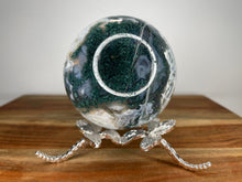 Load image into Gallery viewer, Stunning Green And Blue Moss Agate Sphere With White Quartz Druzy