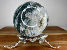 Load image into Gallery viewer, Stunning Green And Blue Moss Agate Sphere With White Quartz Druzy