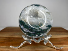 Load image into Gallery viewer, Stunning Green And Blue Moss Agate Sphere With White Quartz Druzy