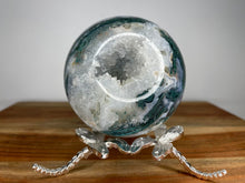 Load image into Gallery viewer, Stunning Green And Blue Moss Agate Sphere With White Quartz Druzy