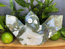 Load image into Gallery viewer, Three Point Moss Agate Quartz Crystal Tower Home Décor