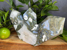 Load image into Gallery viewer, Three Point Moss Agate Quartz Crystal Tower Home Décor
