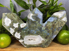 Load image into Gallery viewer, Three Point Moss Agate Quartz Crystal Tower Home Décor