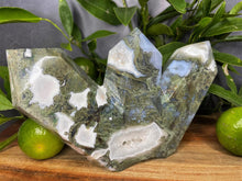 Load image into Gallery viewer, Three Point Moss Agate Quartz Crystal Tower Home Décor