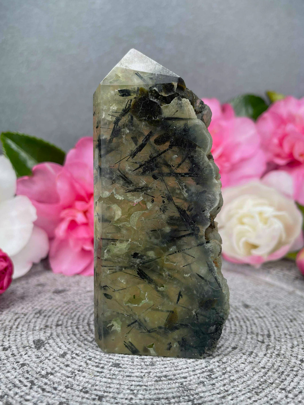 Stone Of Prophecy Prehnite Crystal Tower Point Freeform With Raw Druzy