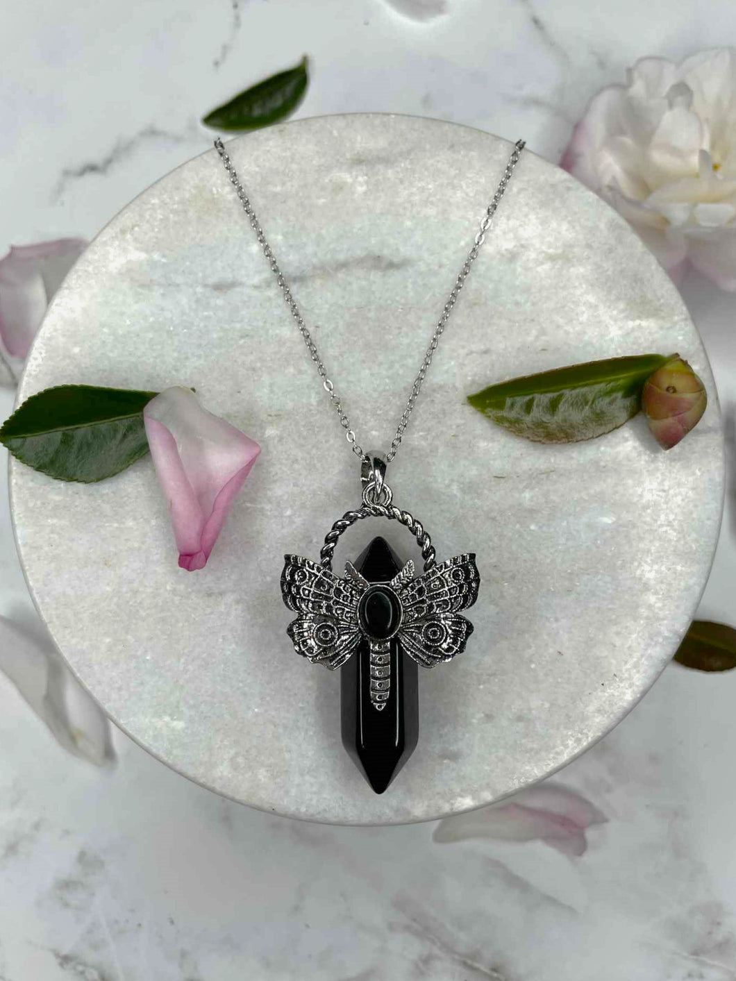 Black Obsidian Crystal Butterfly Pendant Necklace