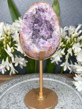 Load image into Gallery viewer, Breathtaking Pink Amethyst Flower Agate Crystal Egg On Gold Stand
