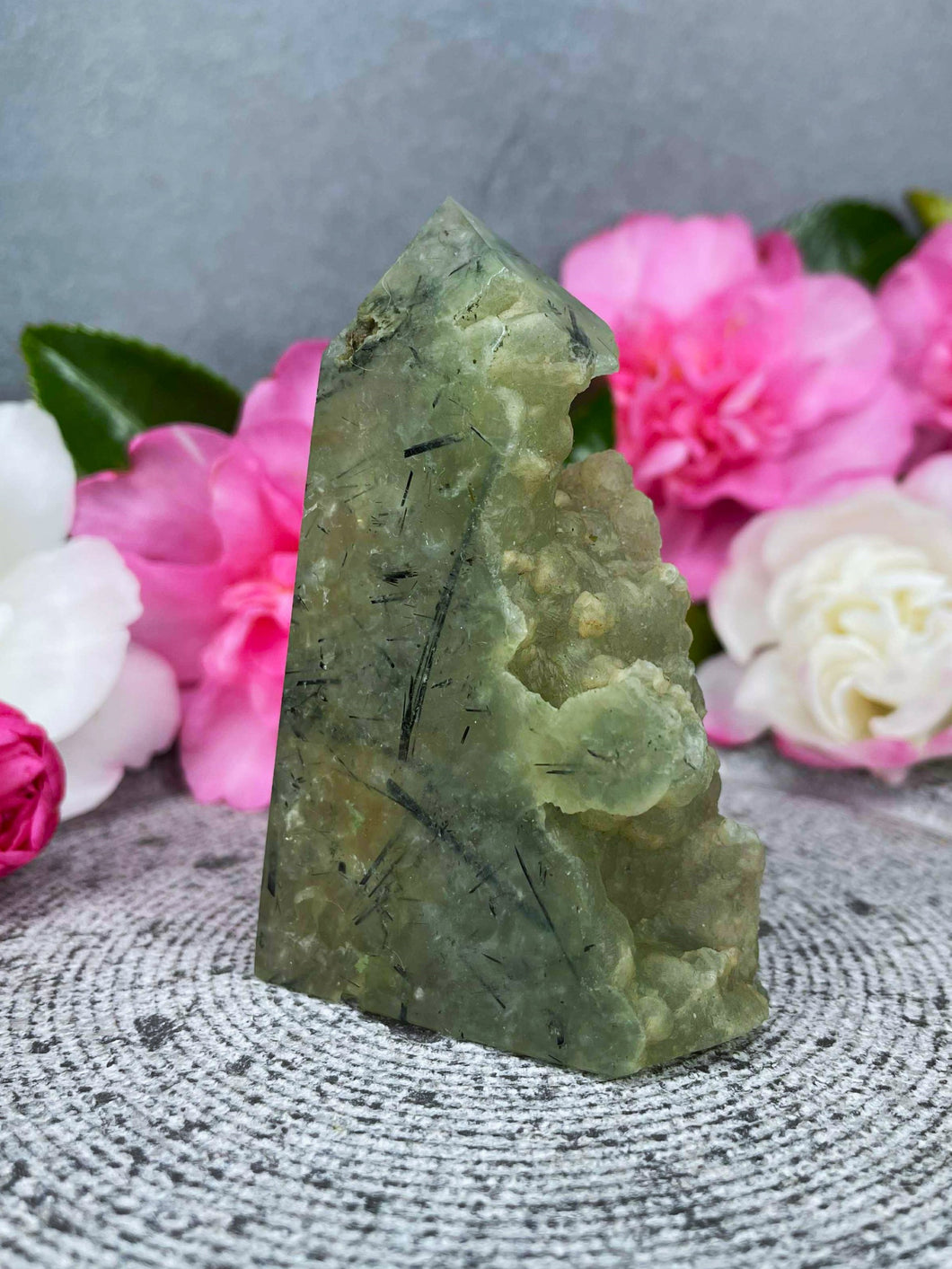 Intuition Prehnite Crystal Tower Point Freeform With Raw Druzy