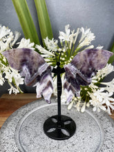 Load image into Gallery viewer, Amethyst Chevron Crystal Butterfly Wings On Black Stand
