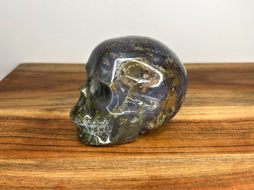 Moss Agate Crystal Human Skull