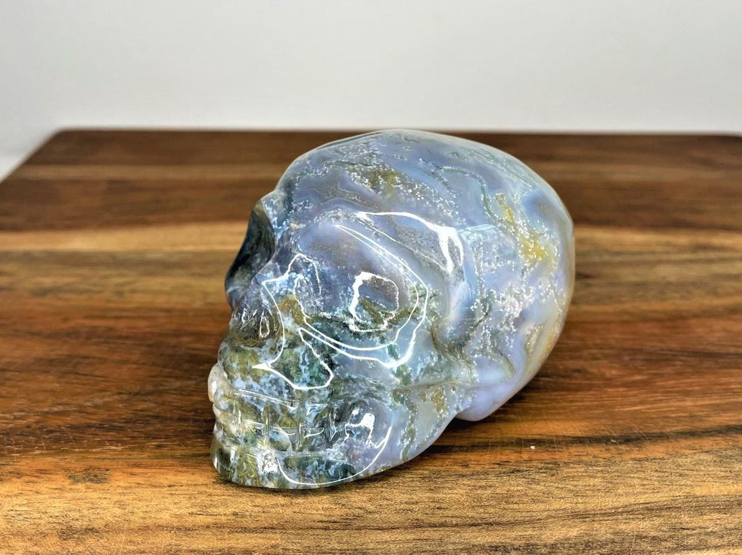 Abundance Blue Moss Agate Crystal Head Skull