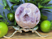 Load image into Gallery viewer, Rare High Quality Pink Amethyst Sphere With Sparkly Geodes Druzy
