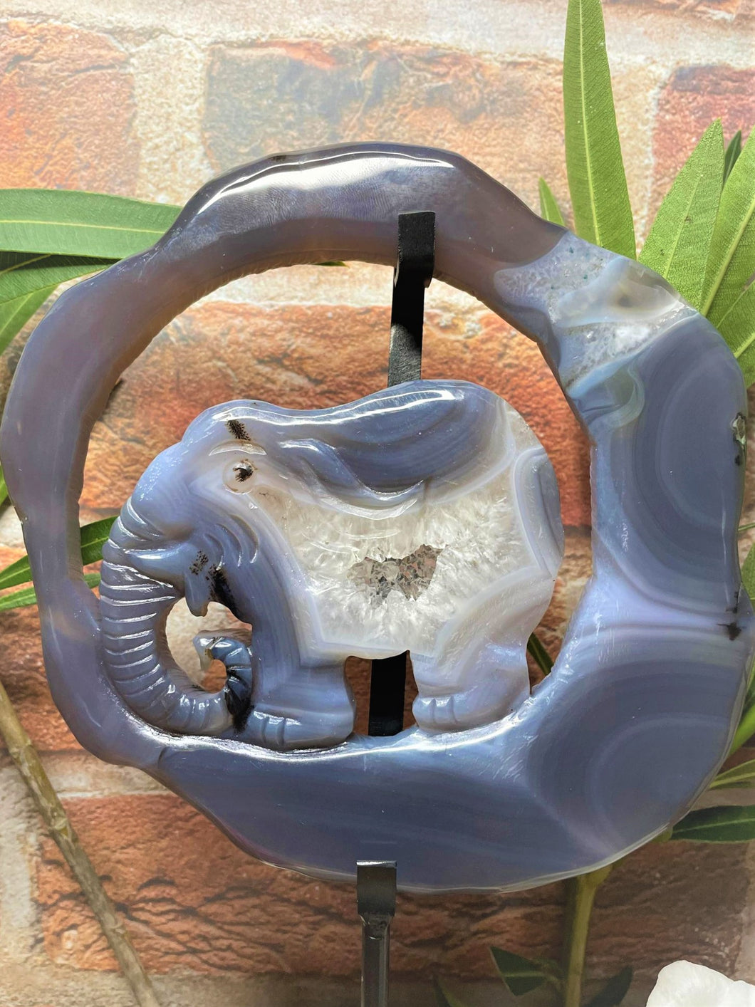Blue Agate Banding Elephant Sculpture With Dendritic Inclusions