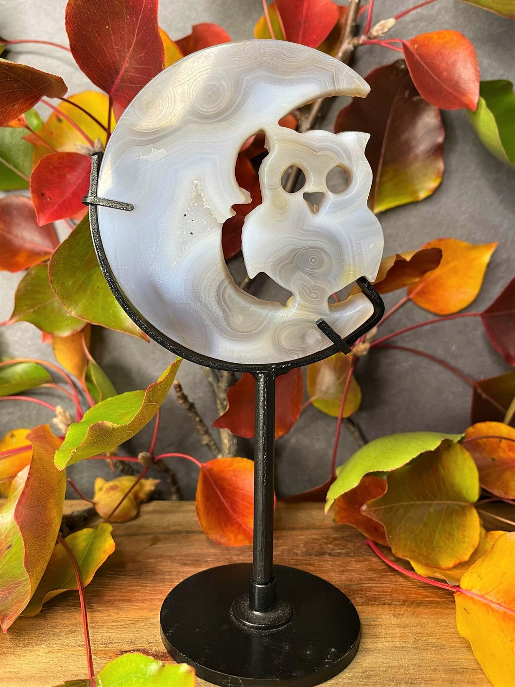 Amazing Banding Agate Crystal Moon and Owl
