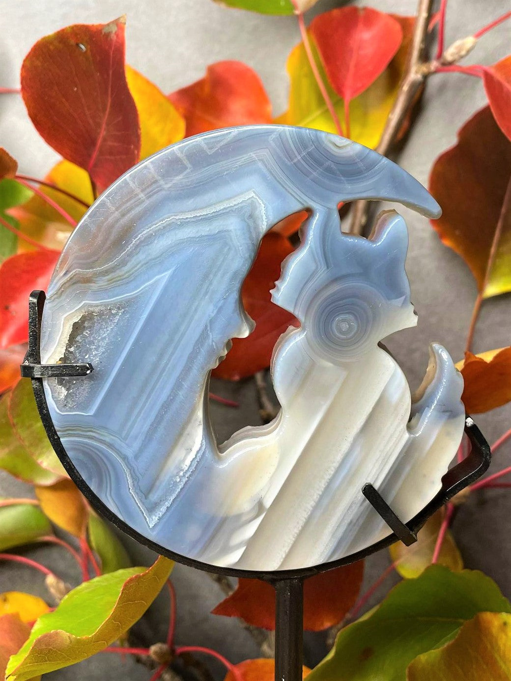 Blue Banding Agate Moon and Cat With Stand