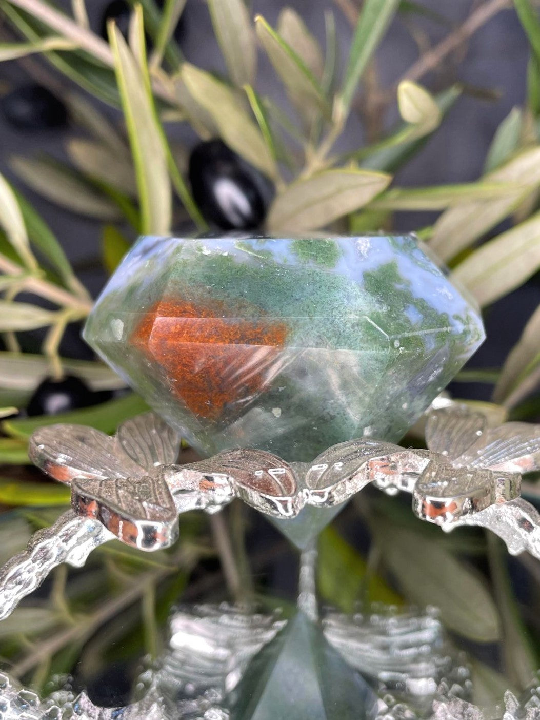 Stunning Moss Agate Crystal Carving Diamond