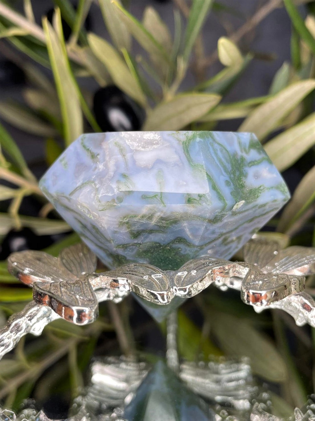 Stunning Moss Agate Crystal Carving Diamond