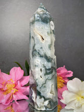 Load image into Gallery viewer, Moss Agate Tower With Sugar Druzy
