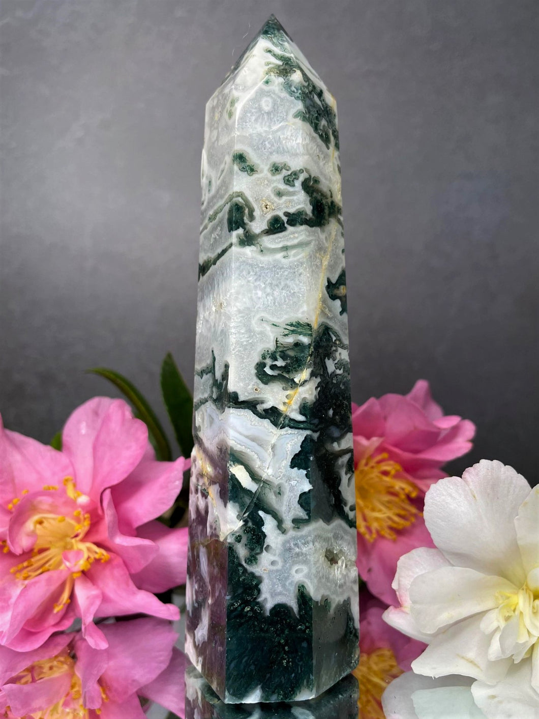 Natural Crystal Moss Agate Tower With Quartz Inclusions