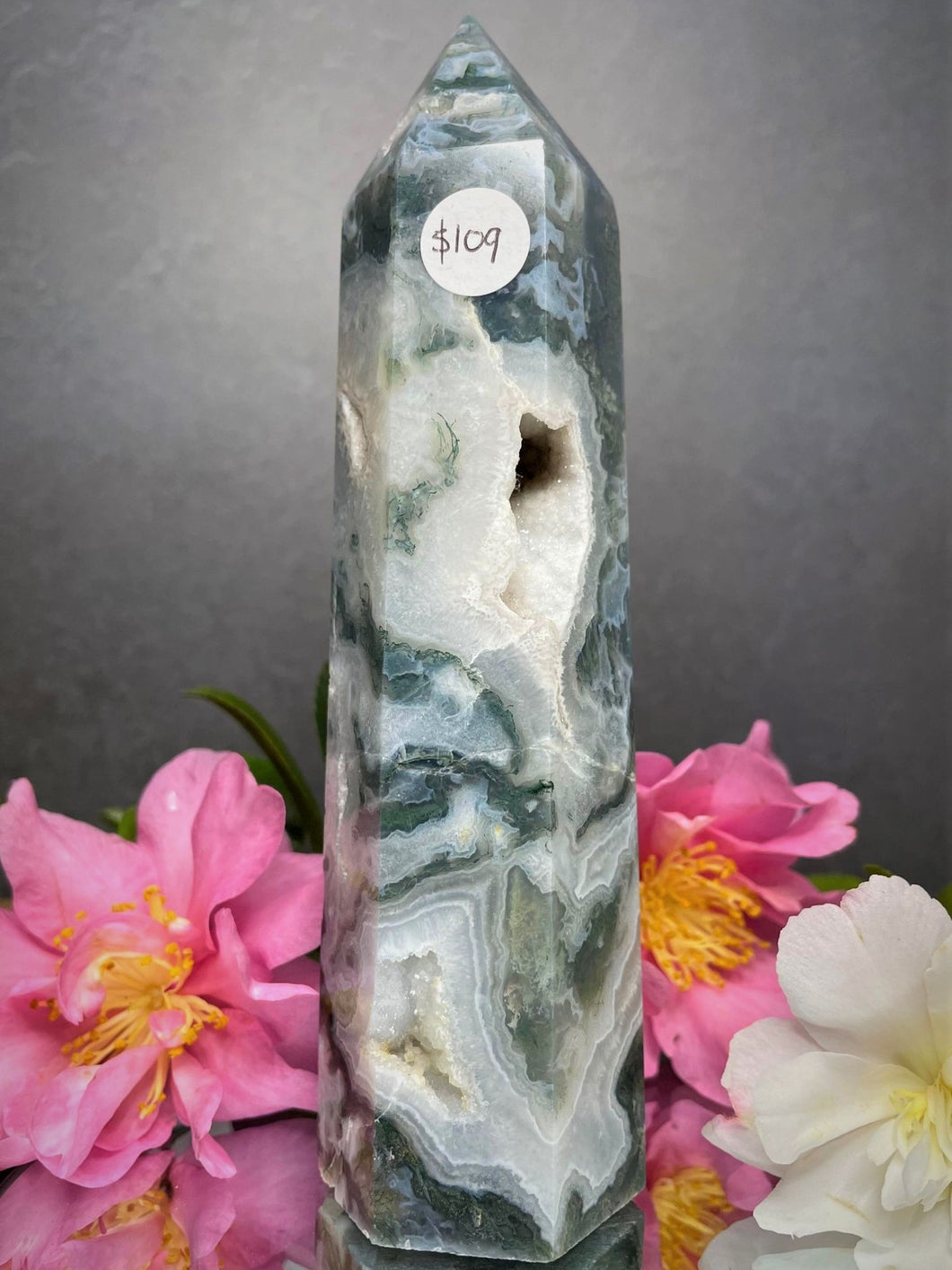 Moss Agate Tower With Sugar Druzy