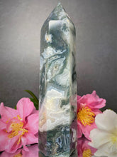 Load image into Gallery viewer, Moss Agate Tower With Sugar Druzy
