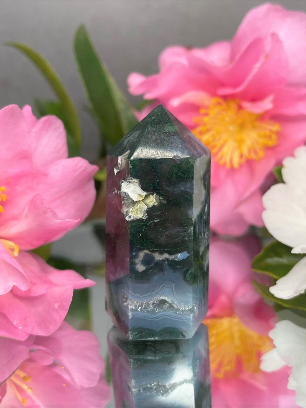 Natural Crystal Moss Agate Tower Meditation Healing