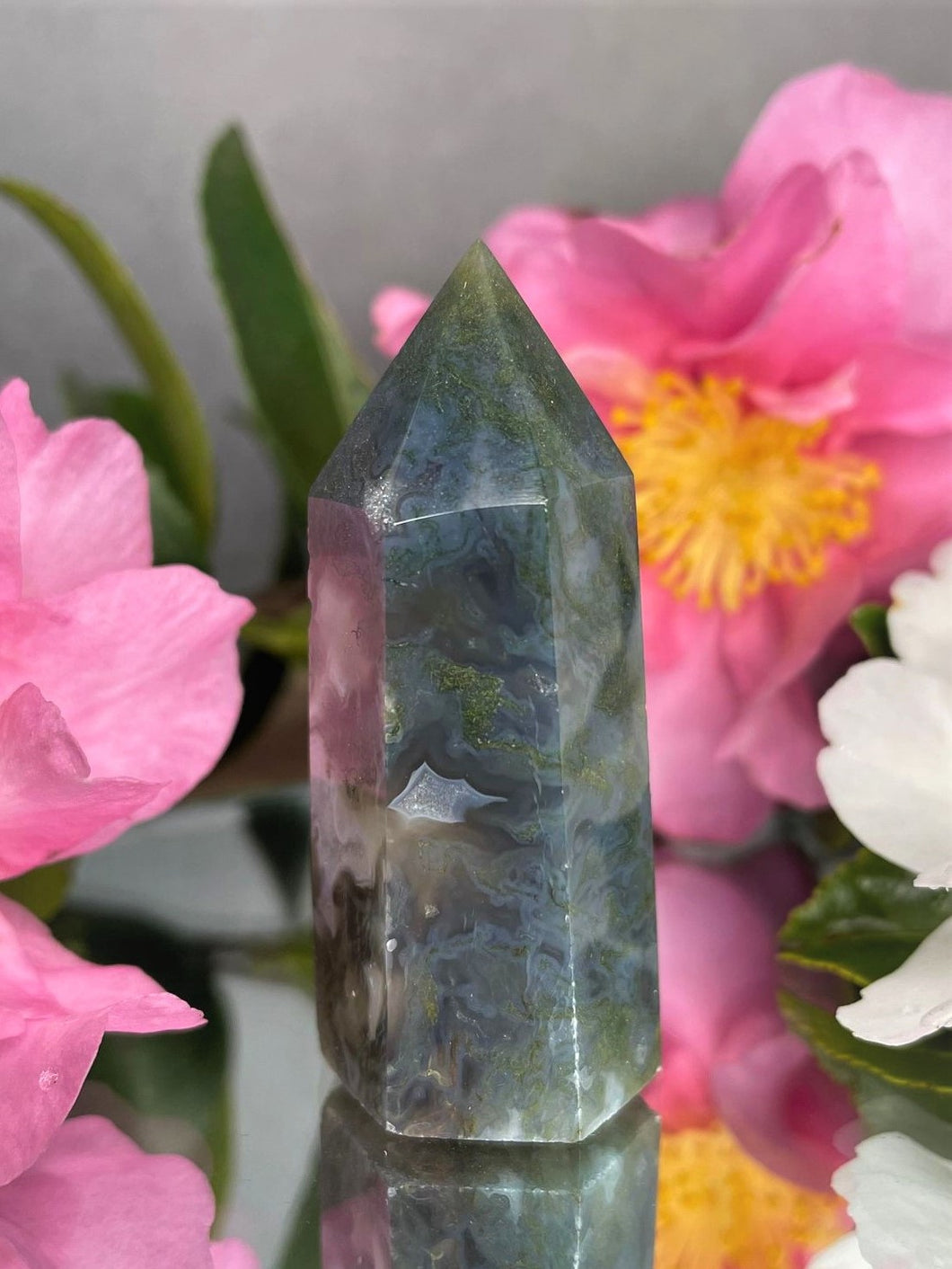 Crystal Blue and Green Moss Agate Tower Chakra Healing
