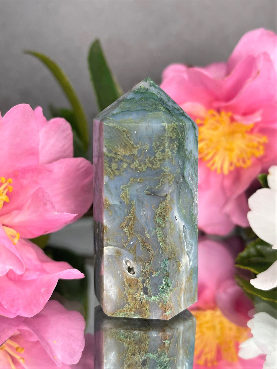 Blue and Green Crystal Moss Agate Tower Meditation Healing