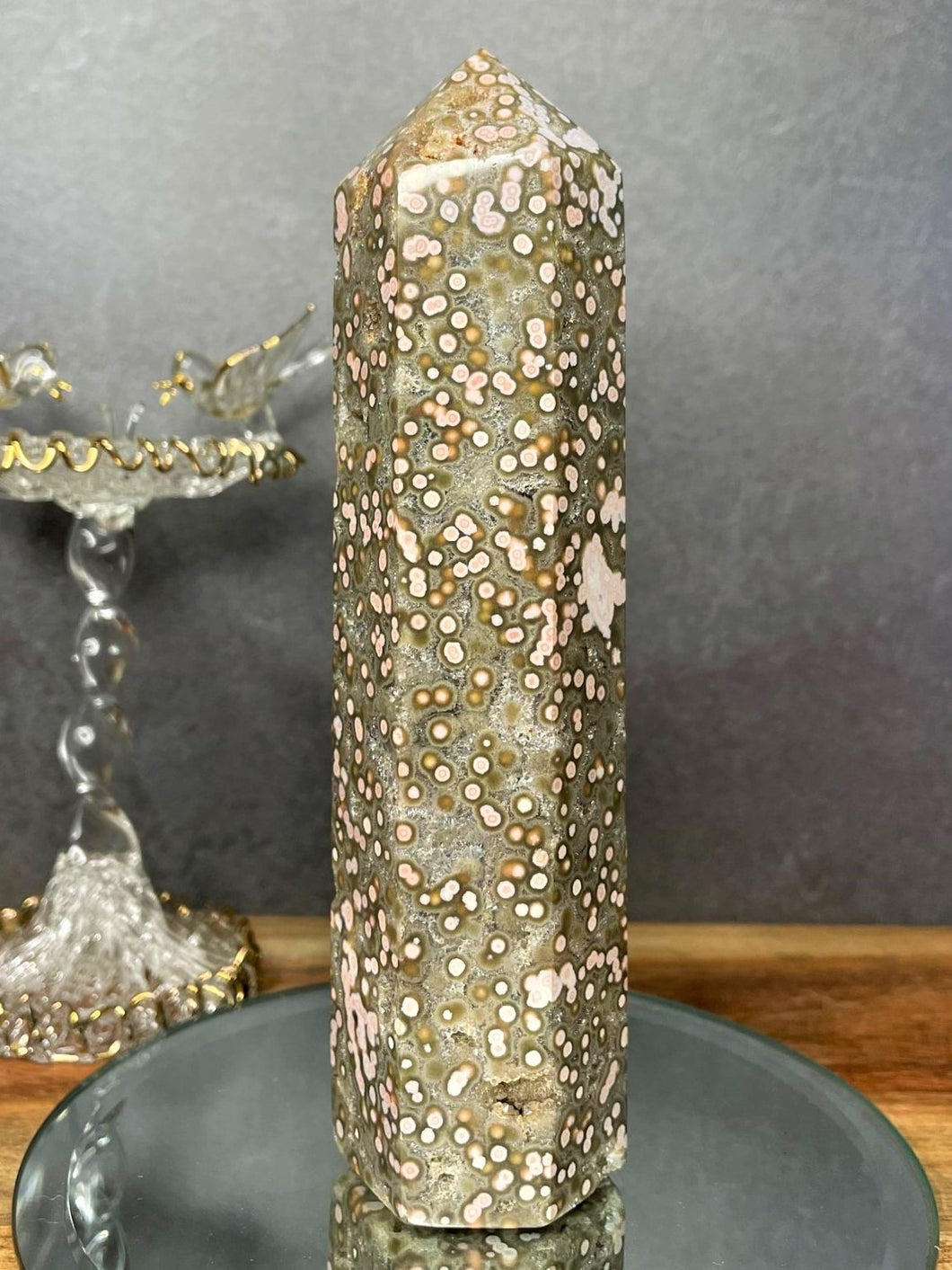 Spectacular High Quality Ocean Jasper Orbicular Tower With Pink Circle Eyes