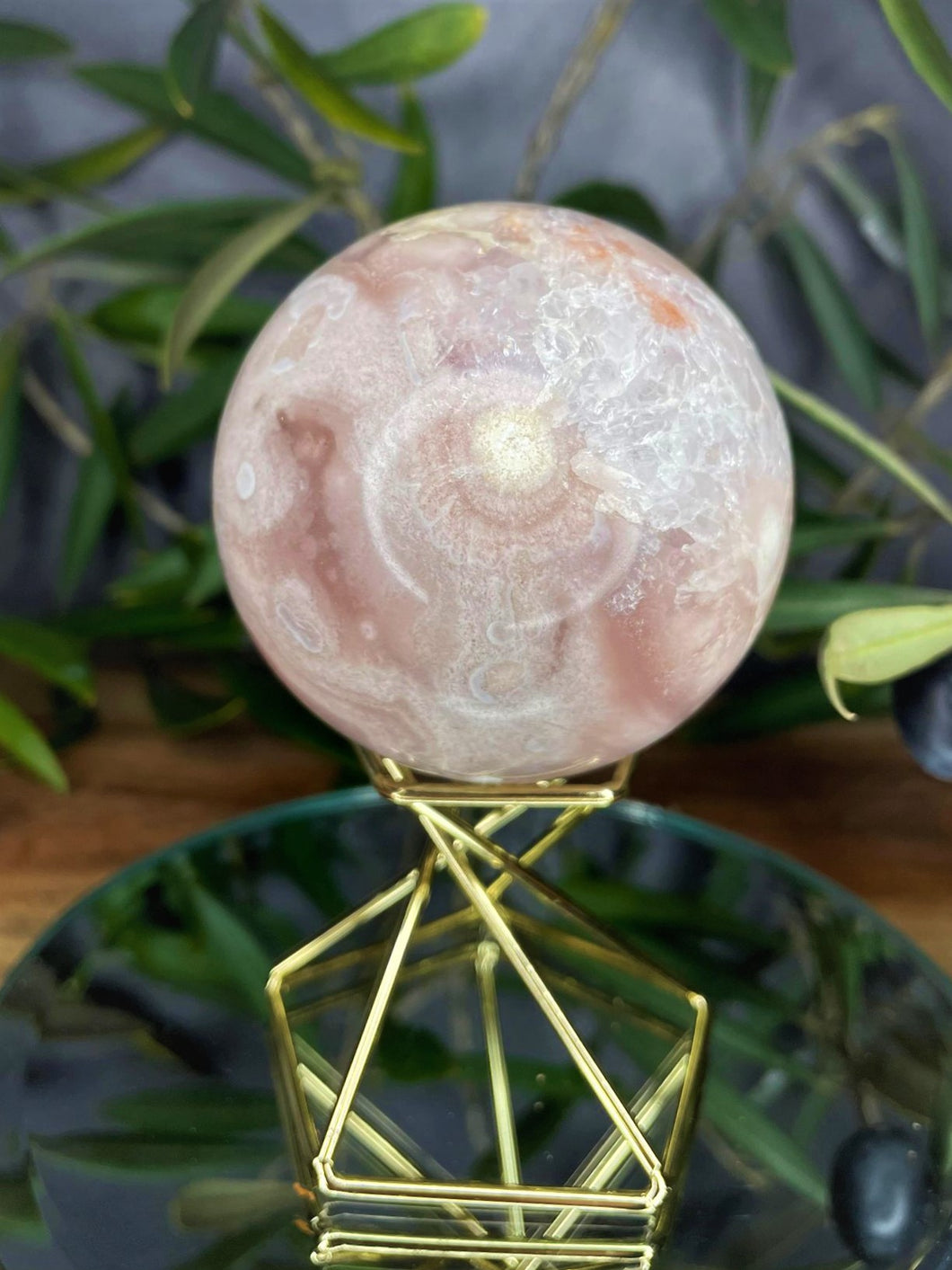 Pink Amethyst Flower Agate Sphere With Raw Specimens