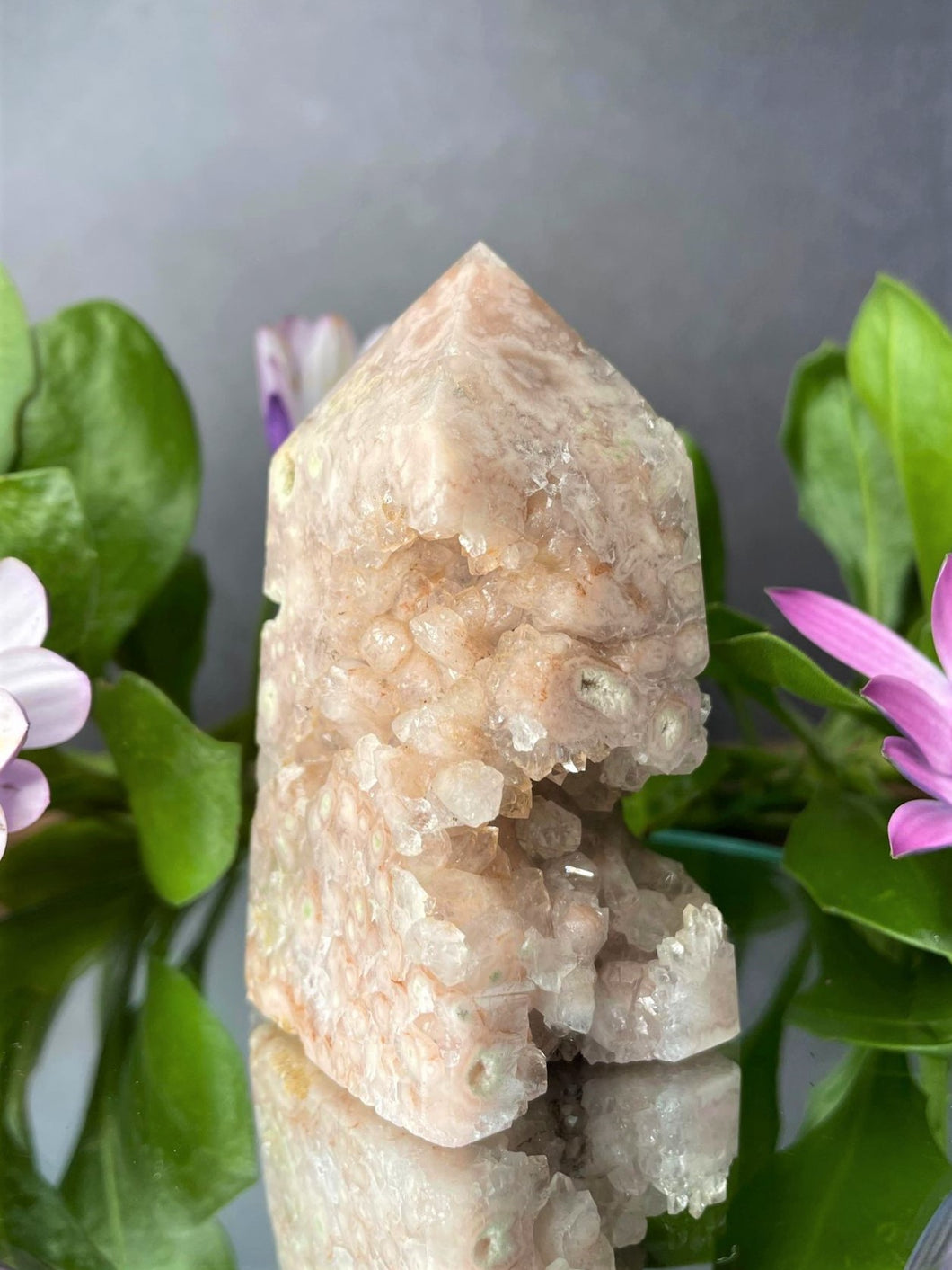 Pink Amethyst With Flower Agate Crystal Geode Tower