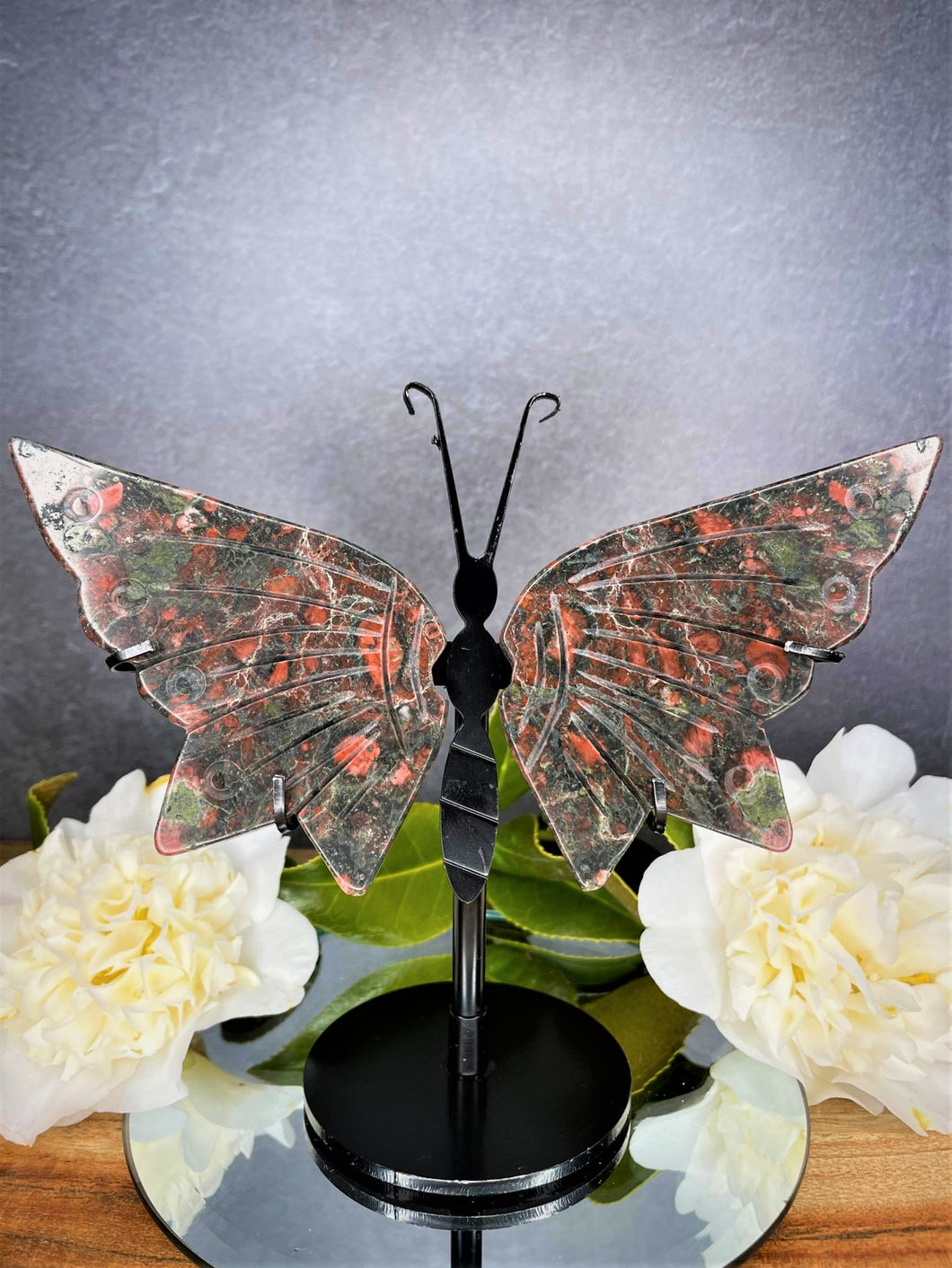 Plum Blossom Jasper Crystal Butterfly Wings With Stand