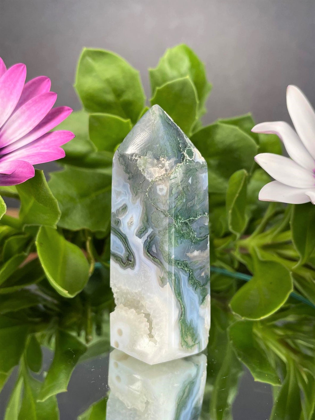 Chakra Healing Moss Agate Crystal Tower