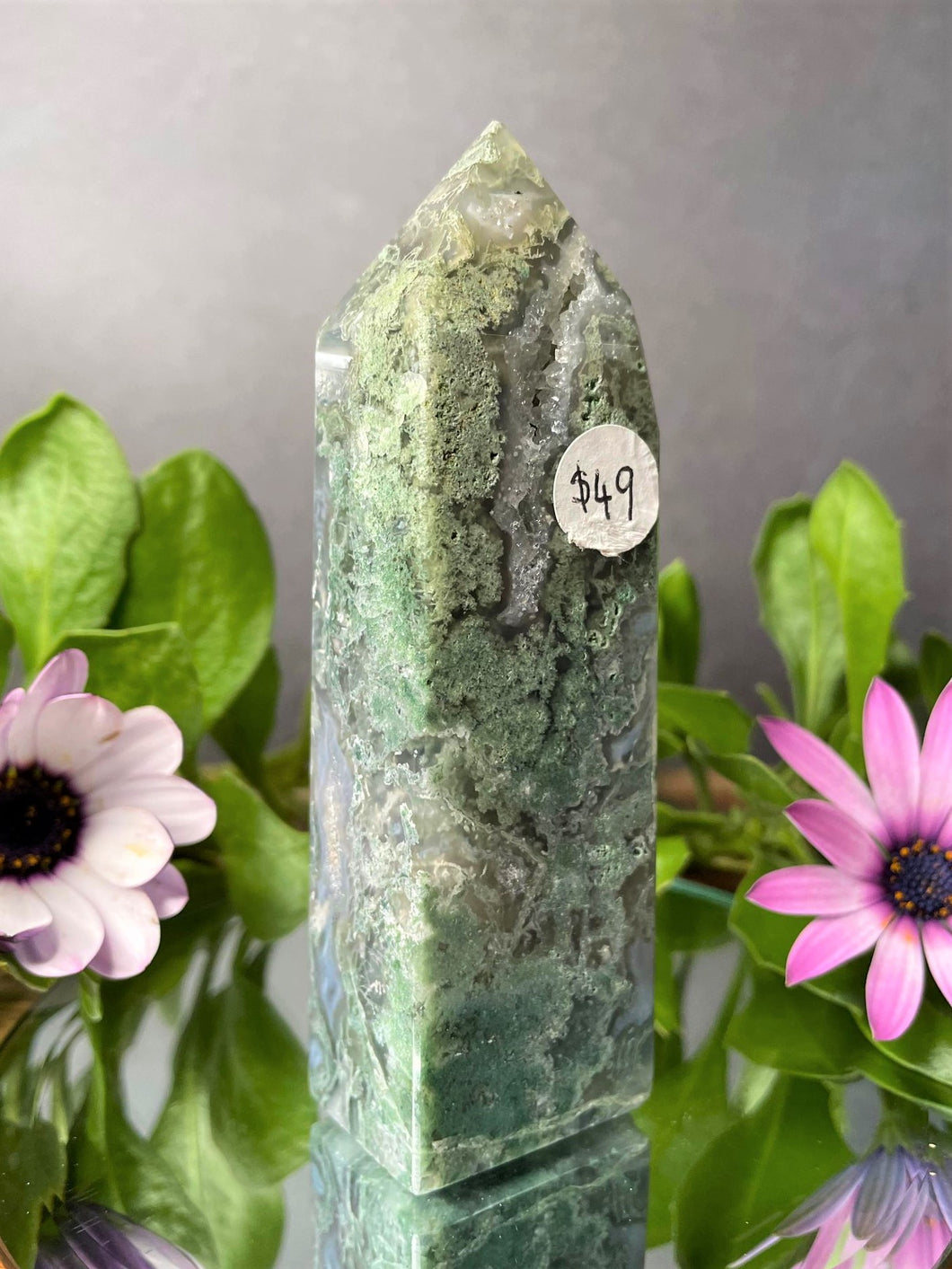Beautiful Green Moss Agate Crystal Tower Point